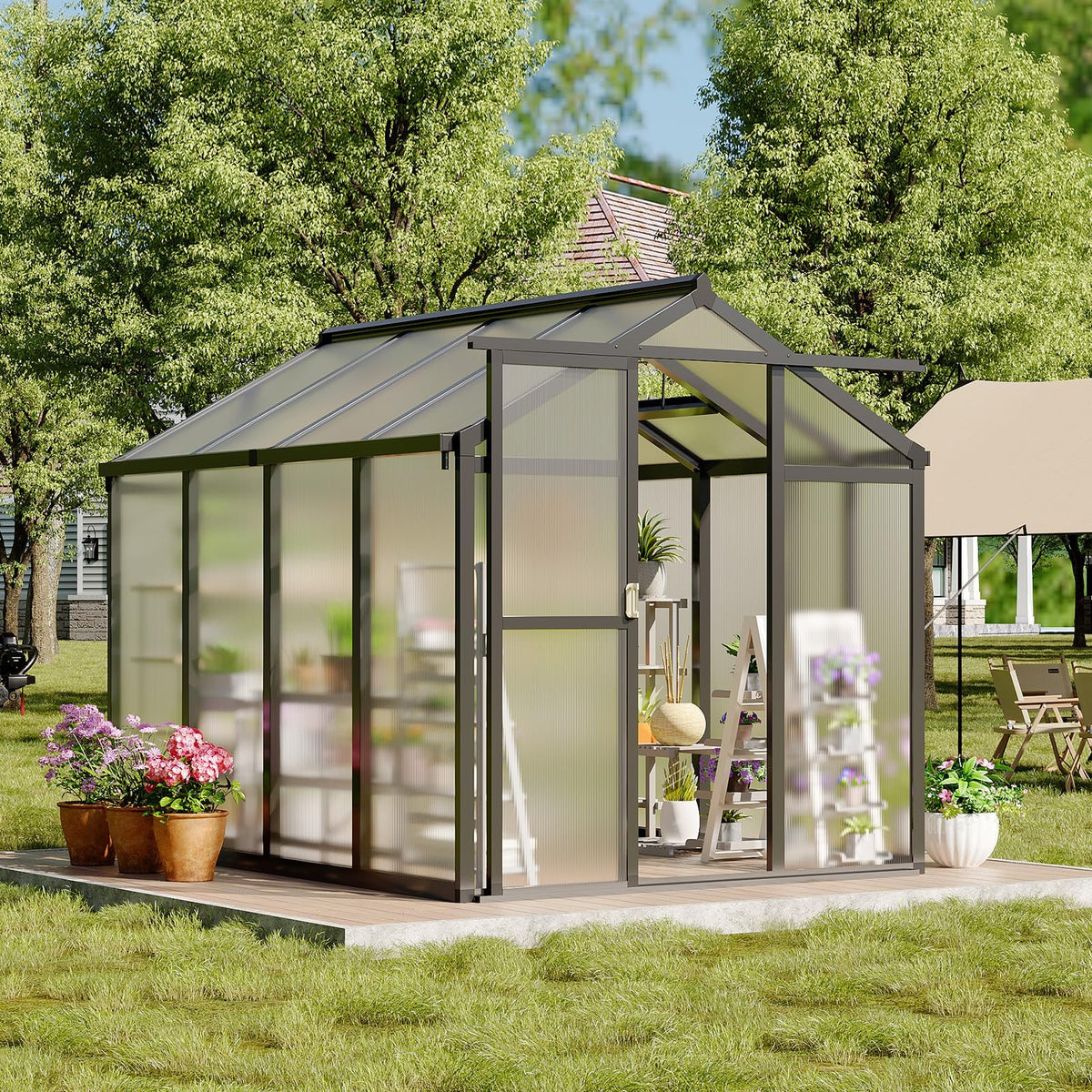 GarveeHome 6X8 FT Greenhouse, Walk-in Greenhouse Kit with Aluminum Frame, Polycarbonate Panels, Adjustable Roof Vent, Sliding Door, Secure Lock for Outside Garden, Patio, Backyard