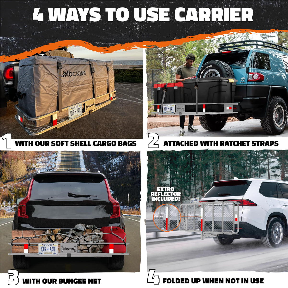 Mockins 60"x20"x6" Gray Heavy Duty Trailer Hitch Cargo Carrier & 16 CuFt Waterproof Cargo Bag for Hitch Carrier | 500 Lbs. Capacity Folding Luggage Rack for SUV Car Truck Van & RV w/Cargo Accessories