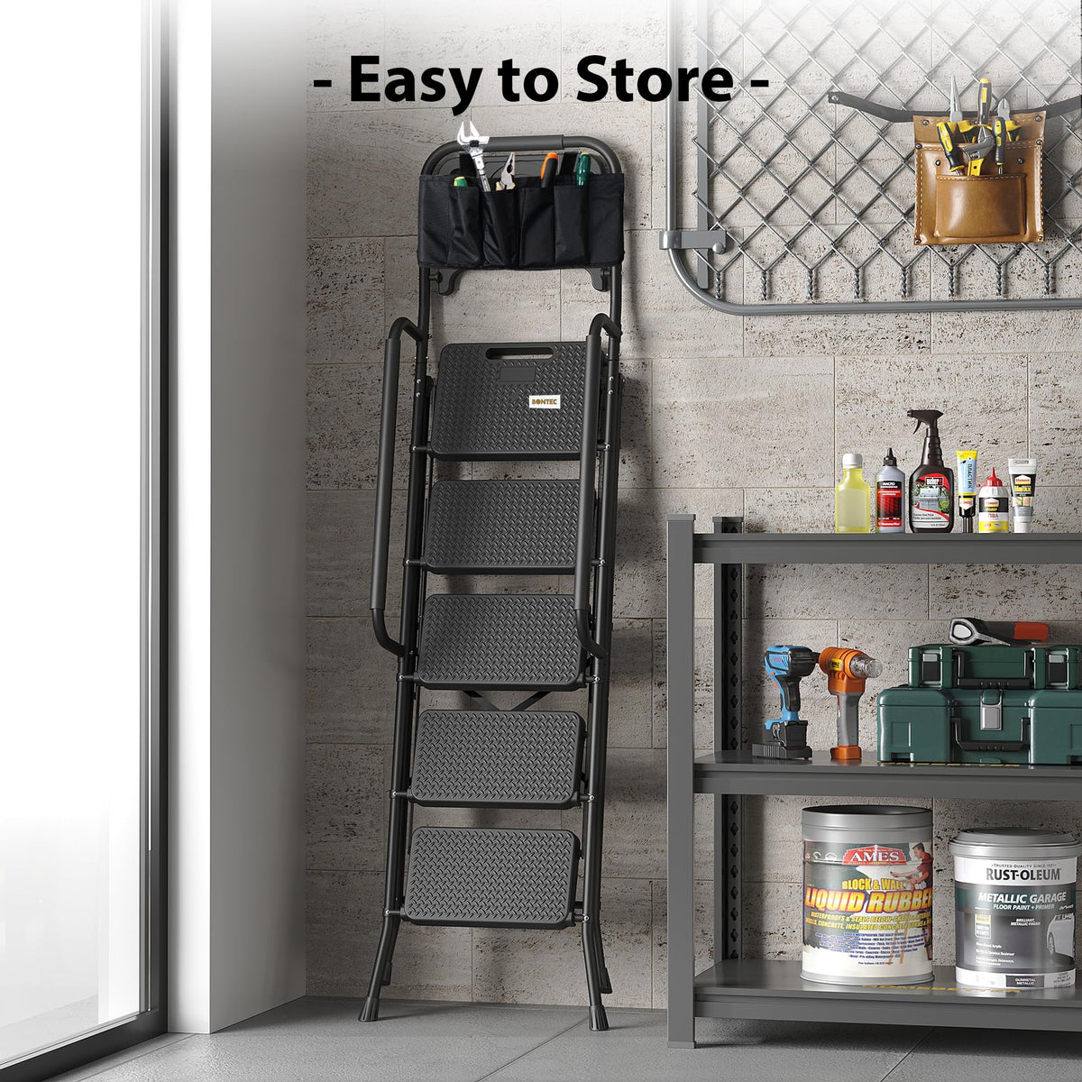 BONTEC 5-Step Ladder, 400lbs Max Load, Folding Step Stool with Tool Tray, Tool Bag, Handrails, Wide Anti-Slip Pedals, Sturdy Steel Ladder for Household & Work Use, Black
