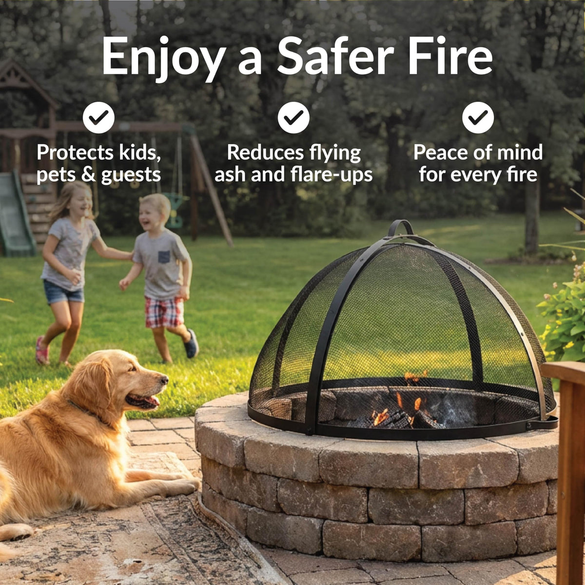 Sunnydaze Round Fire Pit Spark Screen Cover - Easy-Opening Outdoor Fire Pit Screen - Heavy‑Duty Steel Metal Mesh - 22" Diameter
