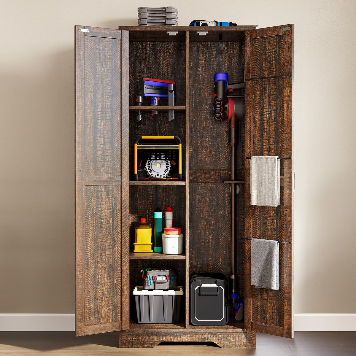 DWVO Wooden Storage Cabinet, Vacuum Cleaner Cabinet Storage Compatible with Dyson Models, Utility Cabinet Stand for Brooms and Mops, Cleaning Tool Cabinet with Doors for Garage
