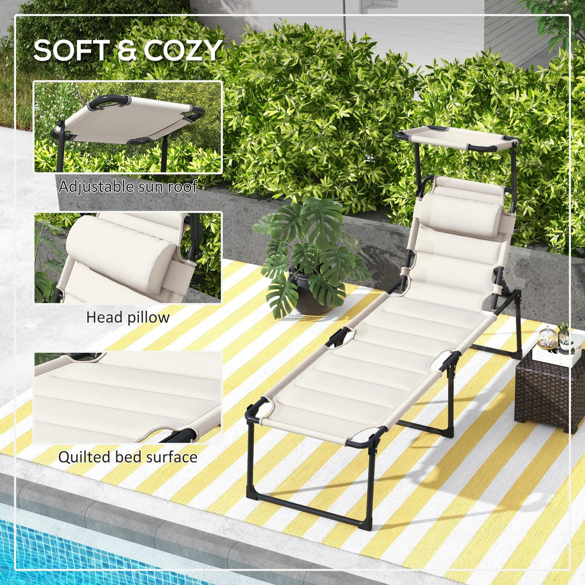 Outsunny 2 Pieces Outdoor Lounge Chair, Adjustable Backrest Folding Chaise Lounge, Cushioned Tanning Chair with Sunshade Roof & Pillow Headrest for Beach, Camping, Hiking, Cream White