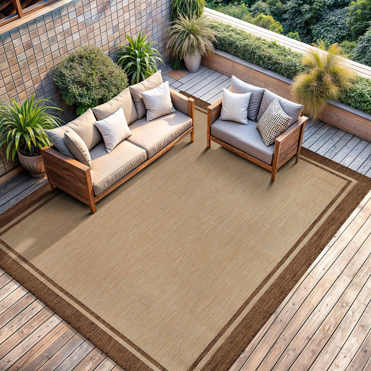 CAMILSON Outdoor Rug 8x10 Bordered Natural Brown Modern Area Rugs for Indoor and Outdoor Patios, Kitchen and Hallway Mats, Washable Porch Deck Outside Carpet (Border Jute, 8 x 10)
