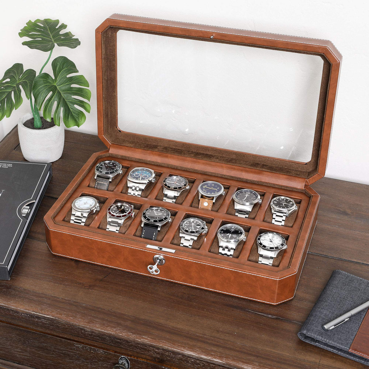 ROTHWELL 12 Slot Leather Watch Box - Luxury Watch Case Display Organizer, Microsuede Liner, Locking Mens Jewelry Watches Holder, Men's Storage Boxes Holder Large Glass Top (Tan/Brown)