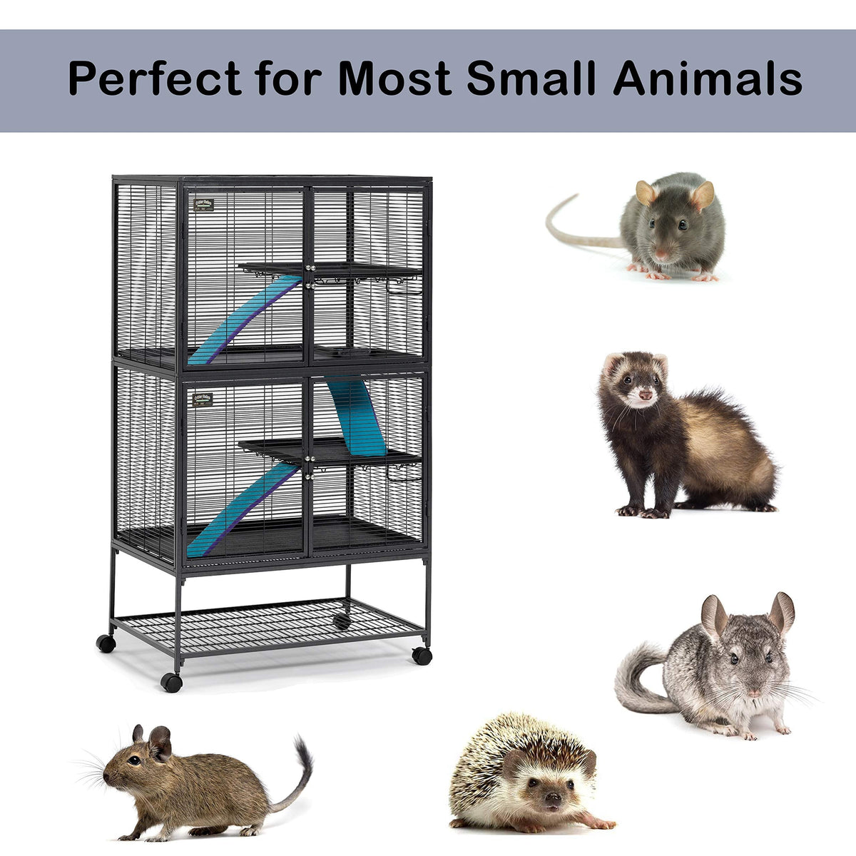 Critter Nation by MidWest Homes for Pets Double Unit Small Animal Cage, Habitat for Rats, Chinchillas, Ferrets, Sugar Gliders, Tool-Free Assembly, with Full-Width Doors, Shelves & Removable Base Pans