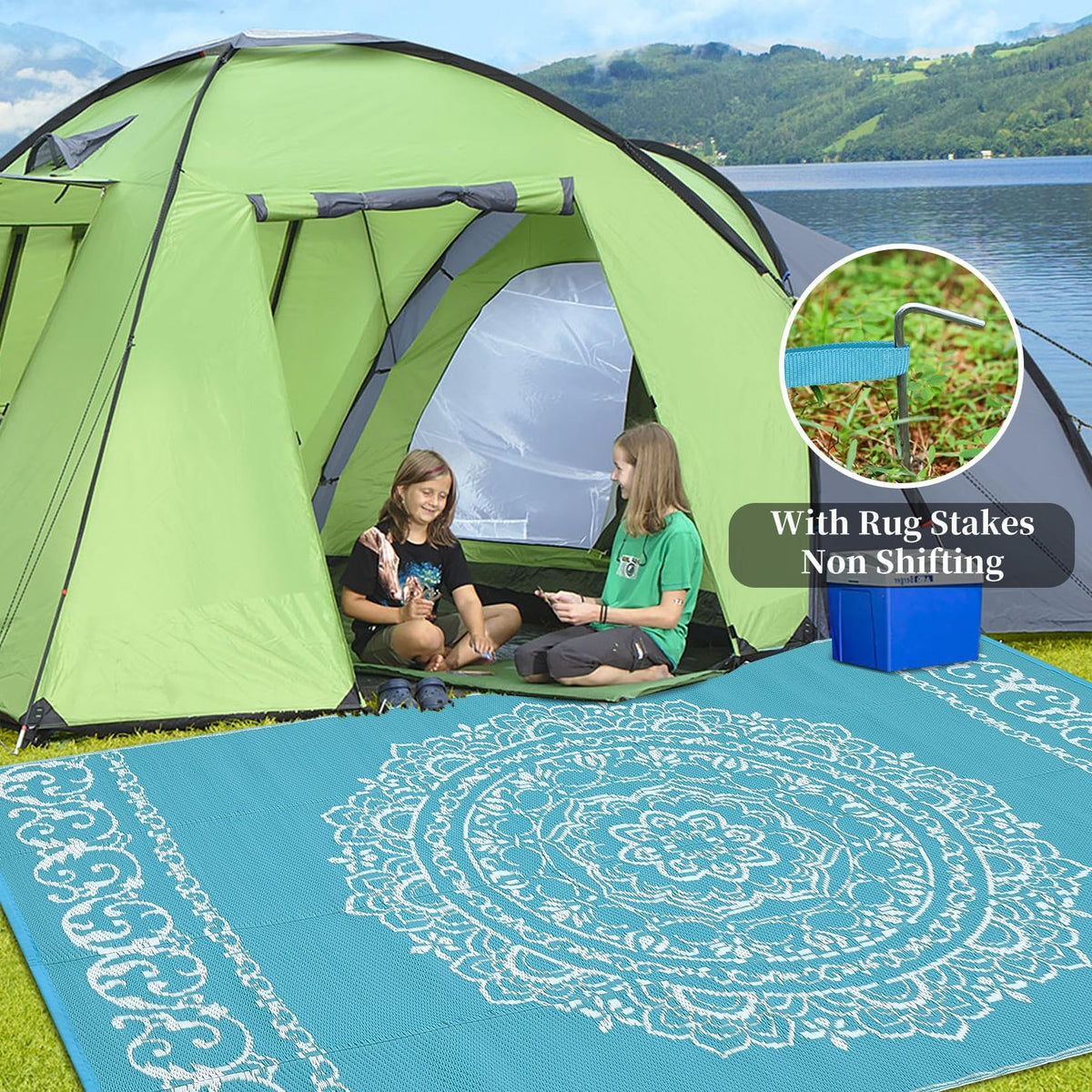 IDEALHOUSE Outdoor Rug 9x12 Ft, Waterproof Plastic Reversible Rug, Persian Style Camping Mat for Outdoors, RV, Patio, Backyard, Deck, Picnic, Beach, Trailer, Camping(Light Blue & White)