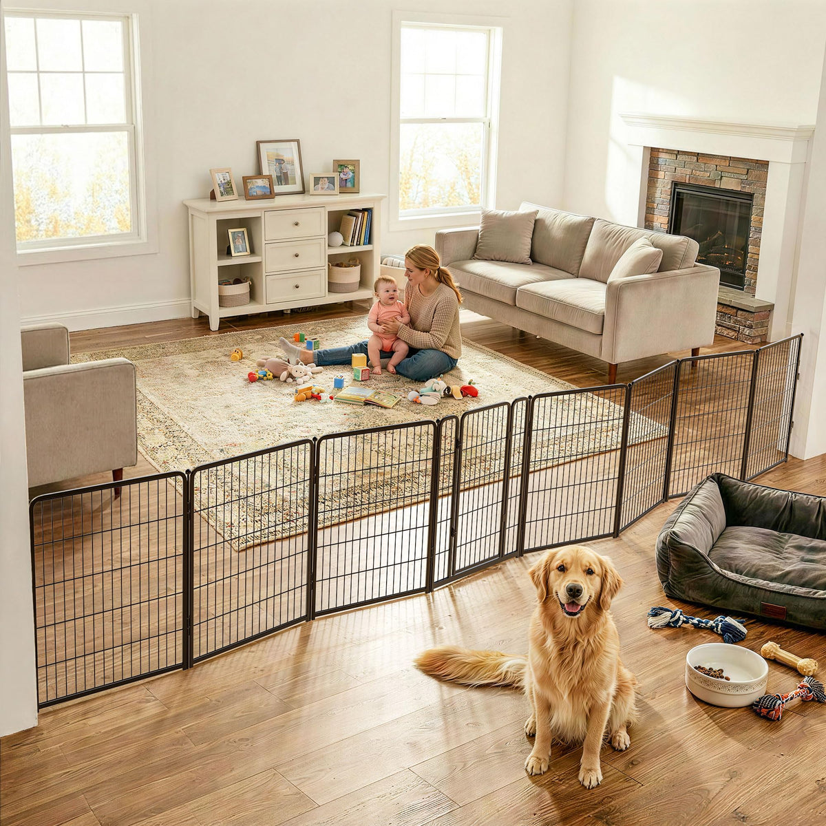 FXW Dog Gate Extra Wide Designed for Indoor Use, Adjustable Width Up to 219-inch Wide (40" H 8 Wire Panels for Medium and Large Dogs), Black