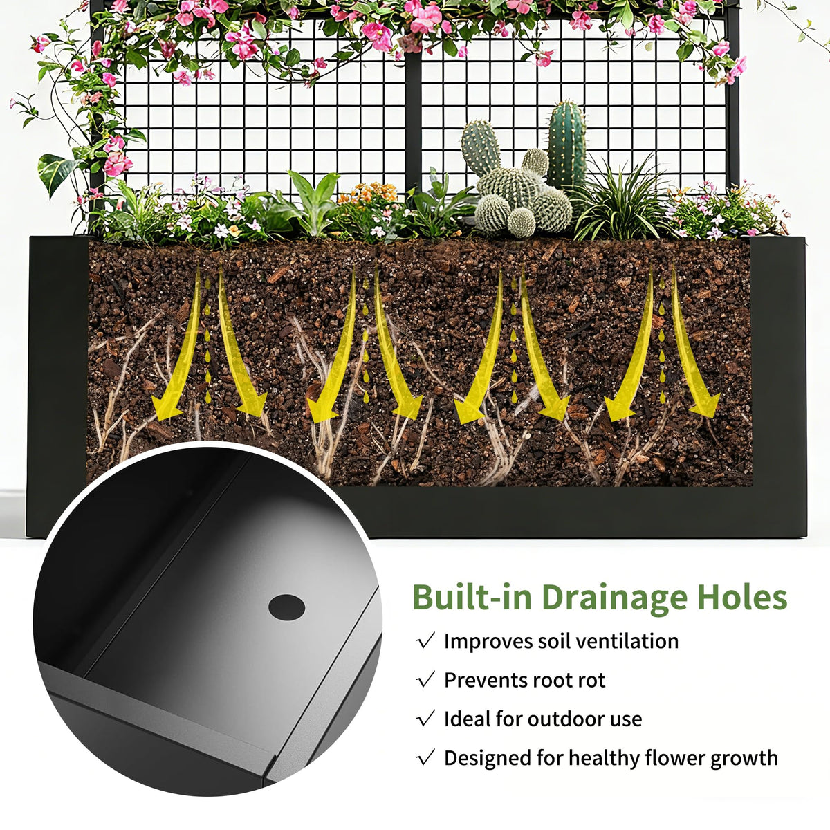 Privacy Planters for Patio – Metal Raised Garden Bed with Trellis and Privacy Screen, 71" x 35" x 16" Planter Box with Drainage Holes for Climbing Plants, Vegetables, and Vines, Outdoor Backyard Black