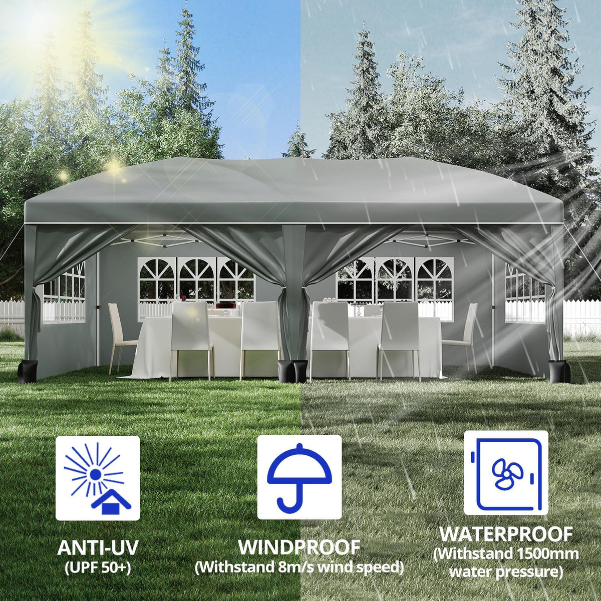 10x20 ft Party Tent, Heavy Duty Pop Up Commercial Canopy with 6 Removable Sidewalls, Waterproof Outdoor Wedding Event Shelter for Patio Backyard Gathering, Grey