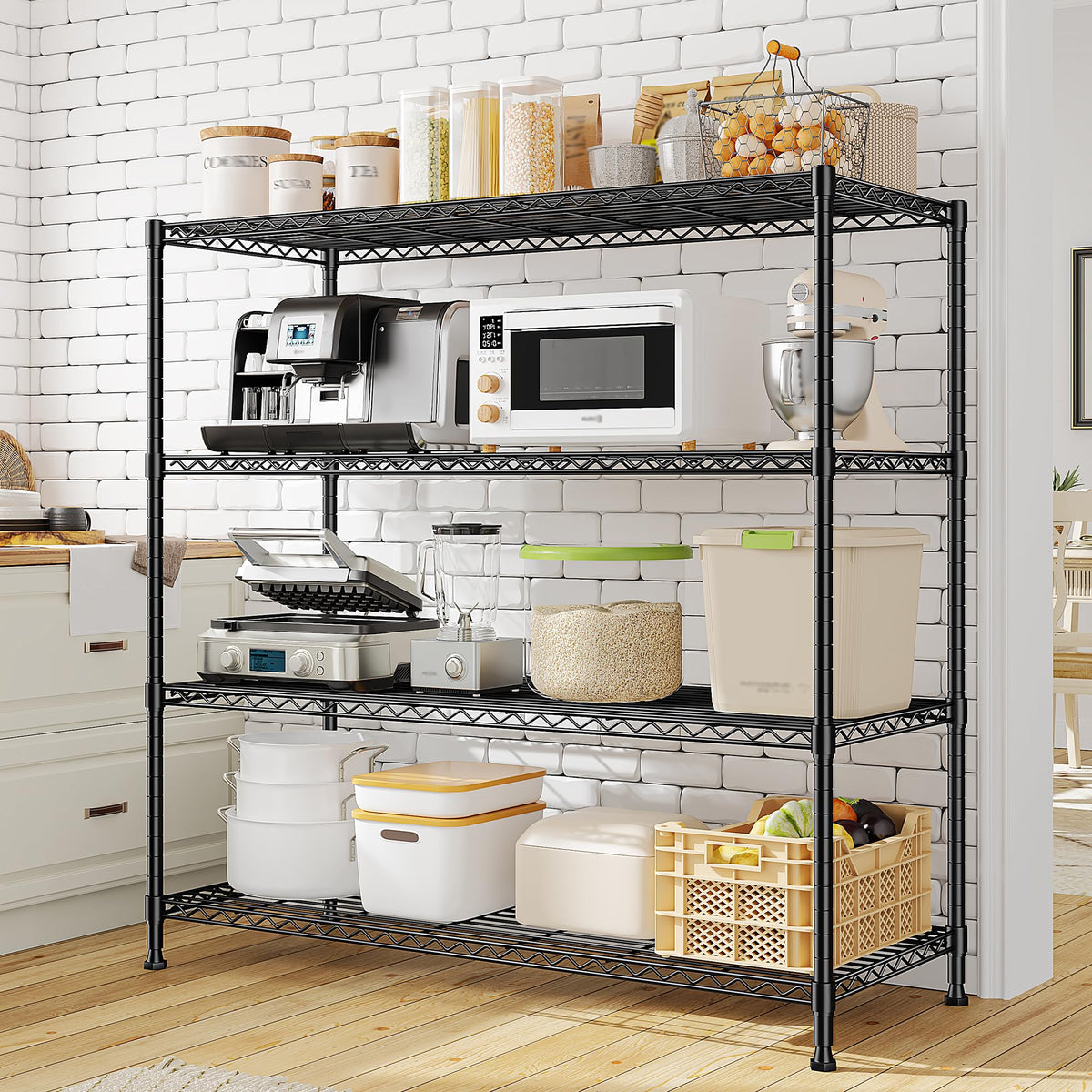 45 "W Metal Shelving Unit 4 Tier Storage Shelves Adjustable Wire Shelving Metal Shelf Pantry Shelves Wire Rack Commercial Shelving for Kitchen Pantry Utility Room Garage 45 "W x 59.4 "Hx 13.5" D Black