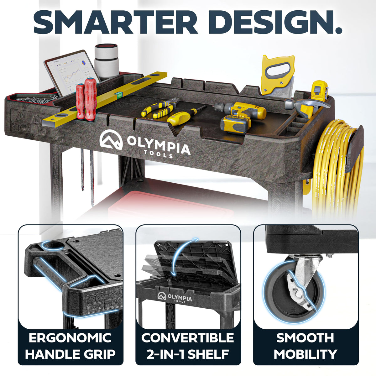 Olympia Tools Heavy Duty Utility Work Cart | 2 in 1 Convertible 3 Shelf to Flat Top Workstation | 660 lb Capacity, HDPE Frame, Ladder Hook, 4 Swivel Wheels | Tool Carts for Garage & Maintenance