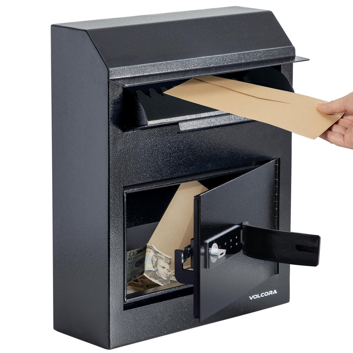 Volcora Key Drop Box with Lock, Drop Slot Depository Safe Box Digital Keypad, Outdoor Money Drop Safe for Business, Cash Drop Box, Wall Mount Mailbox, Electronic Programmable Lock, Black