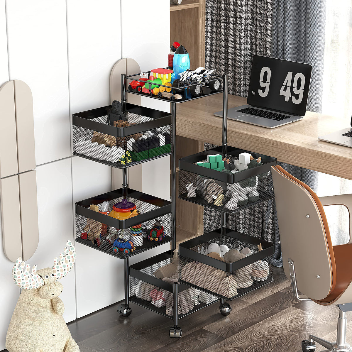 xinyourui Fruit and Vegetable Basket for Kitchen No Assembly， Rotating Storage Rack,Bathroom Storage Shelf, Kitchen Organizers and Storage Cart on Rolling Wheels(Black, 5 Tier-Square)
