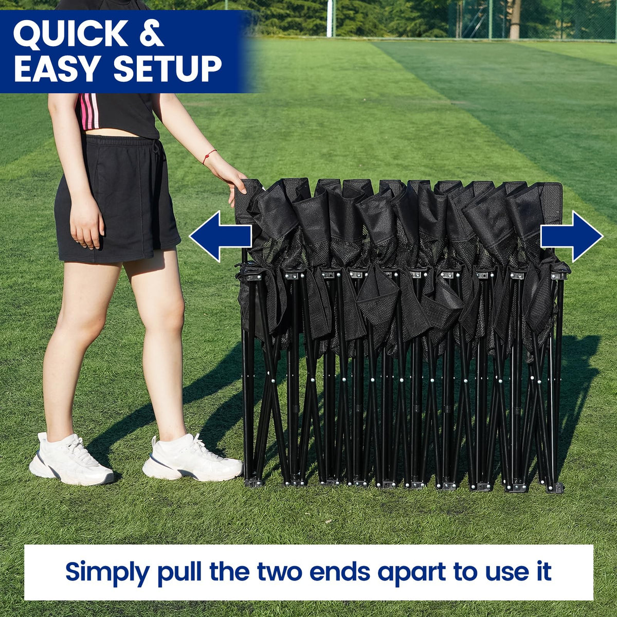 Permade Soccer Bench- Folding Team Bench Soccer 9 Seats, Portable Sideline Sports Benches with Mesh Seat and Back with Bag, Foldable Breathable Chairs for Sports Football Camp Events (Black