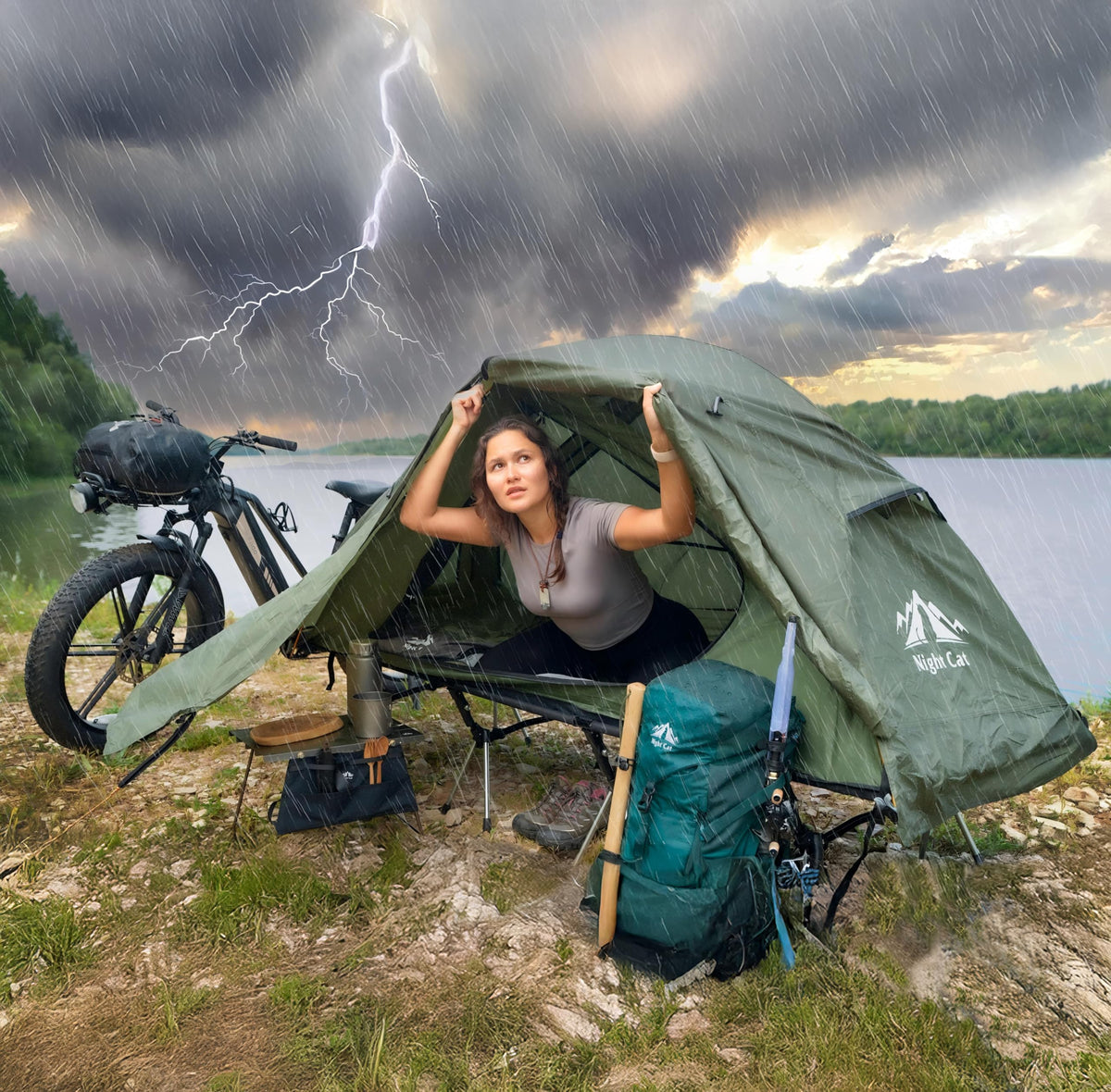Night Cat Camping Cot Tent - Waterproof 1-Person Off-Ground Combo Cot Bed for Adults Portable Easy Set-up Tent Green 27.5'' Width