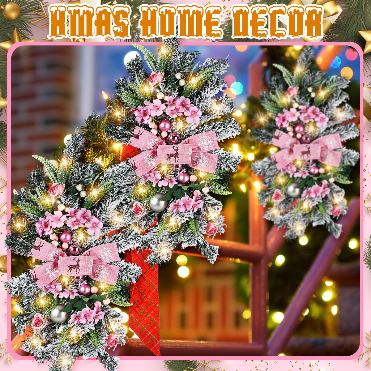 Lyrow 4 Pcs Cordless Prelit Christmas Artificial Swags 24" Xmas Stairway Swag Teardrop Trim with Timer Christmas Staircase Decoration Battery Operated Garland for Indoor Outdoor Railing Decor, Pink