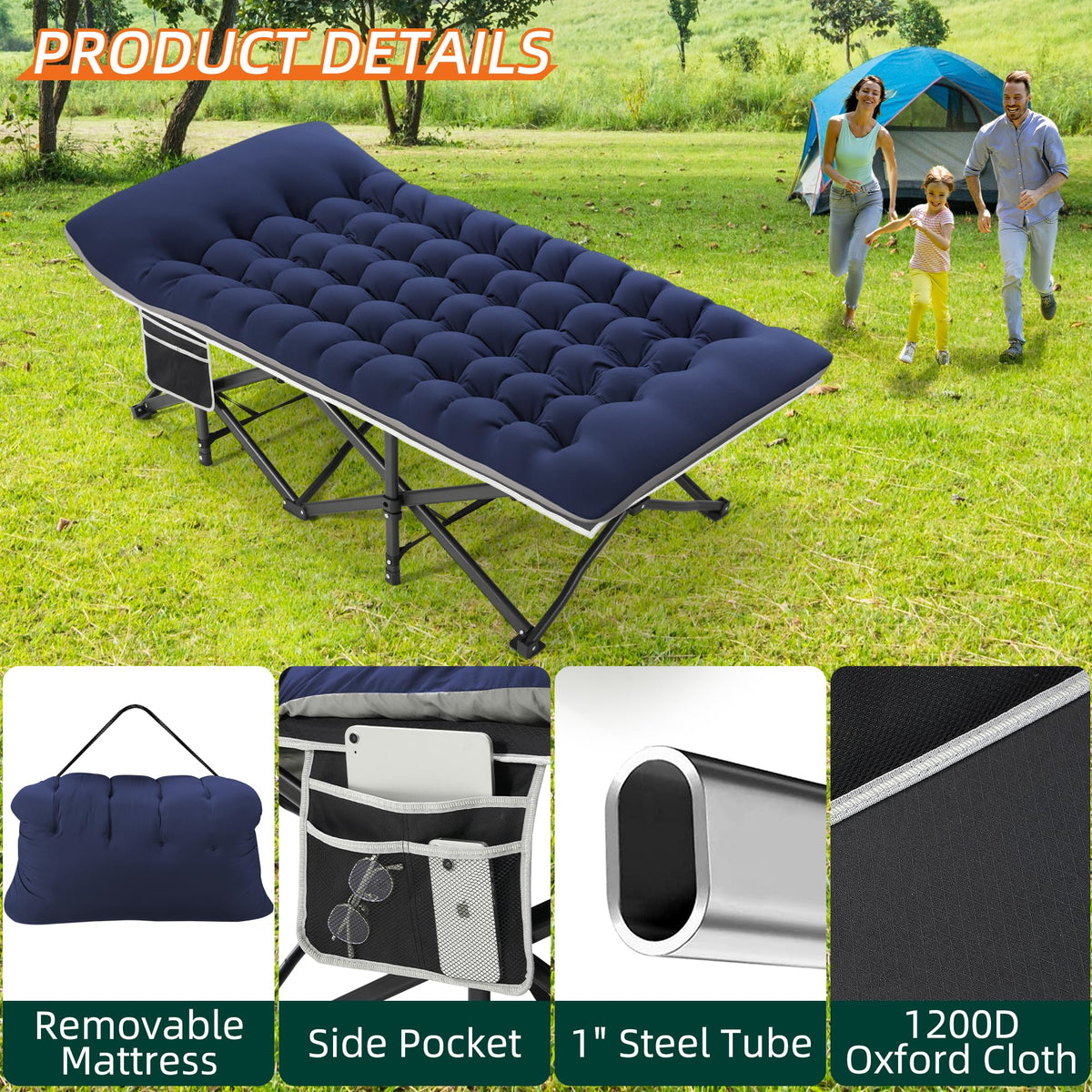 Fragess Portable Camping Cot, 32" Extra Wide Camping Cots for Everyone with Thick Cushion, Heavy Duty Sleeping Cot Holds Up to 600LBS, Cots for Sleeping, Rv, Beach, Patio, Office Naps(Blue)