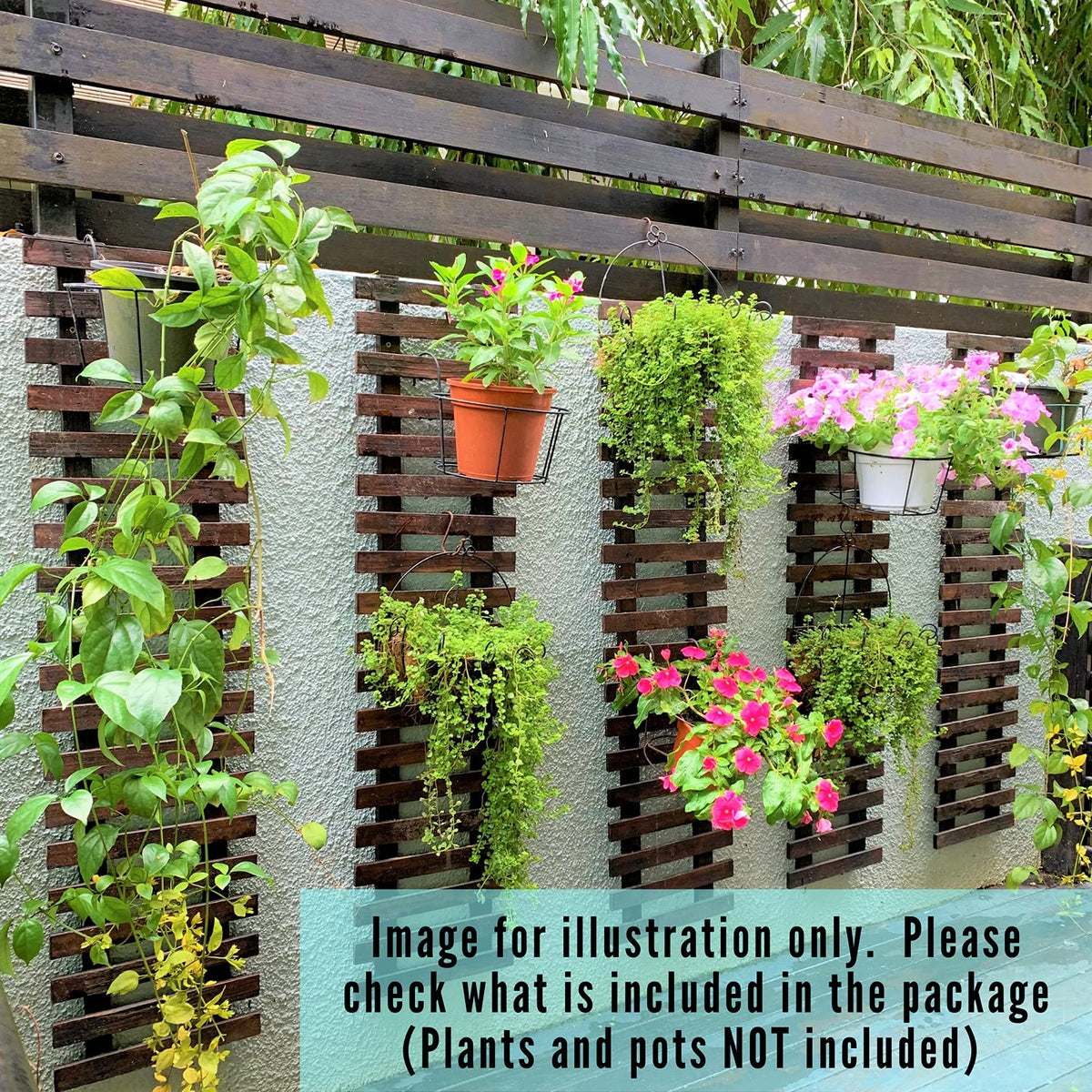 ShopLaLa Bundle- 2 Pack, 35.4 Wooden Plant Holder + 10 Pack, 4 Inch White Self Watering Plastic Pots Large Unique Modern Vertical Wall Mount Hydroponic Garden System Outdoor Planter Dark Brown Decor