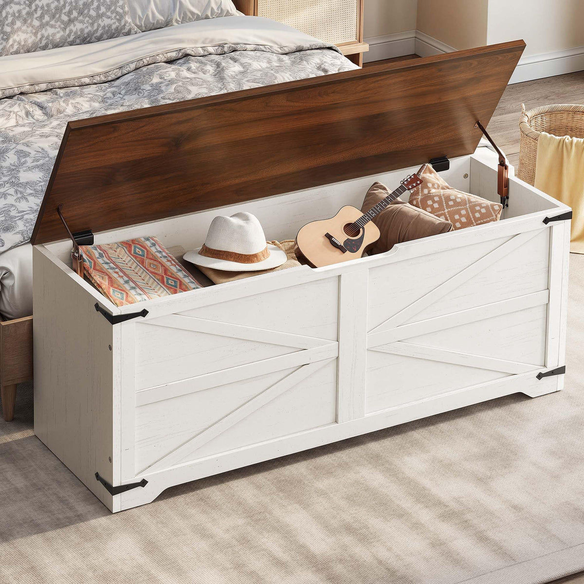 DWVO Storage Bench, 47.2" Farmhouse Storage Chest with 2 Safety Hinges, Wooden Utility Organizer, Shoe Bench for Entryway, Bedroom, Living Room, White and Walnut