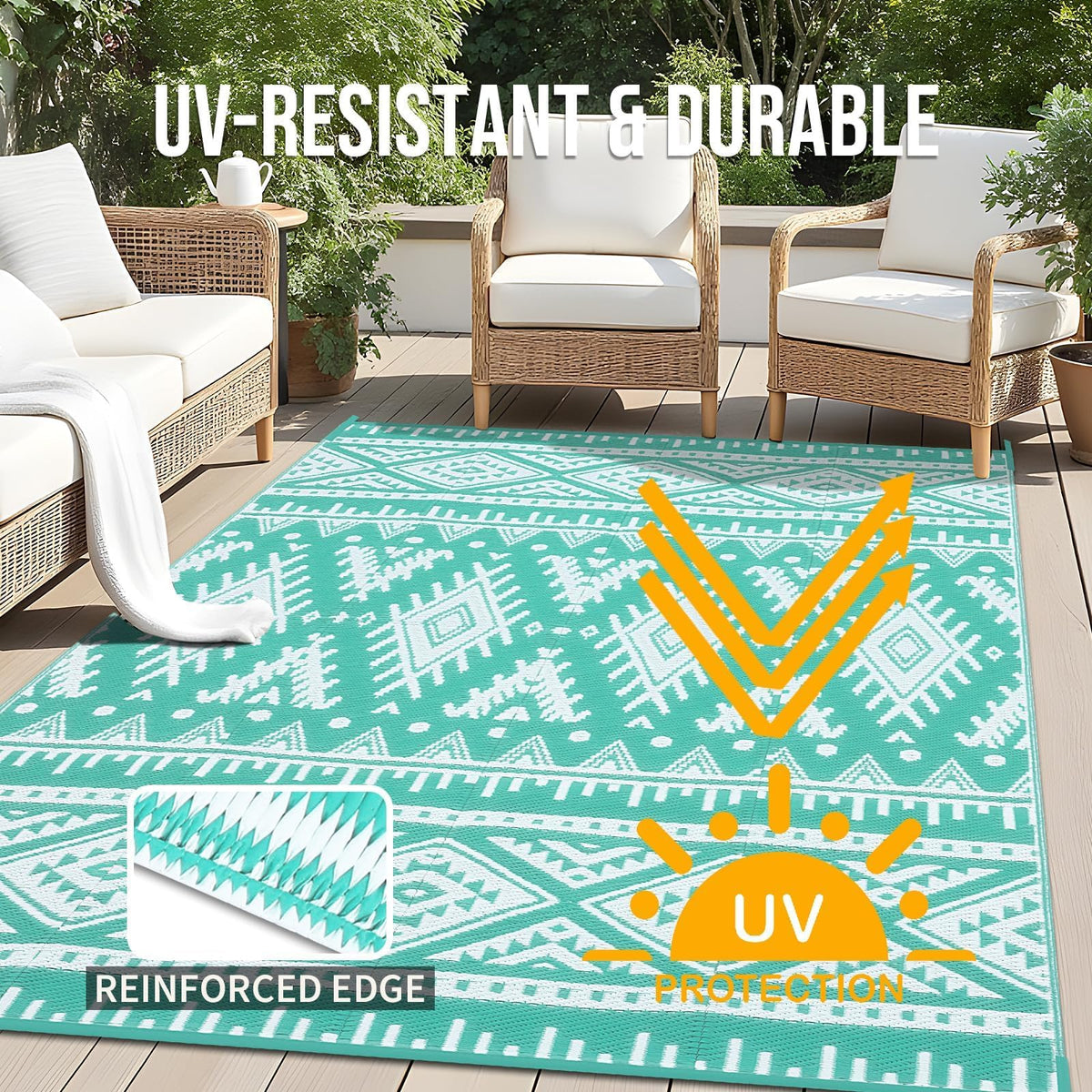 OLANLY Outdoor Rug Waterproof 9x18 ft, Reversible Outdoor Plastic Straw Rug, Boho Patio Rug, Indoor Outdoor Carpet, RV Mat Outside for Patio, Camp, Picnic, Balcony, Deck, Backyard, Turquoise & White