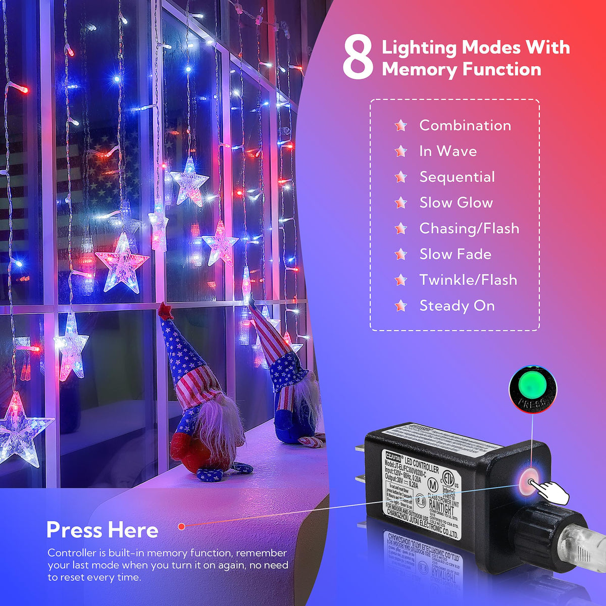 4th of July Patriotic Star Icicle Lights,red White and Blue Curtain String,11.5ft 118LED Waterproof 8 Modes with Timer Connectable Independence Day Decorations Window Lights for Outdoor Indoor