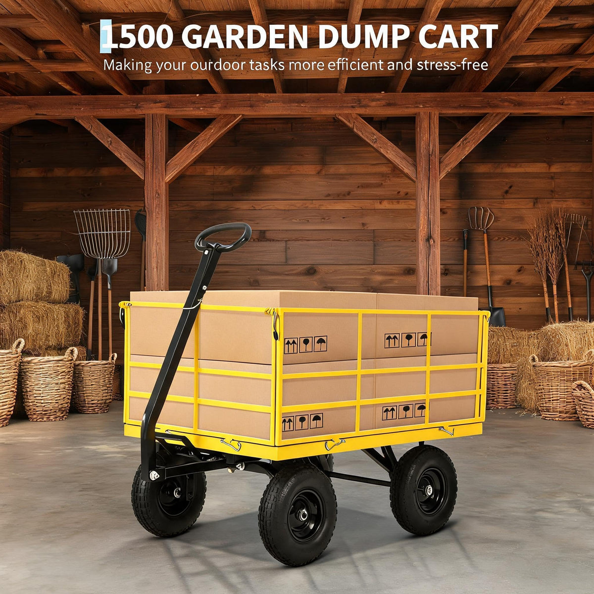 Heavy Duty 4-in-1 Steel Garden Dump Cart - 1500 lbs Capacity - 13 Inch All-Terrain Wheels - Removable Mesh Sides & Swivel Handle - Yellow Frame, Black Hubs & Handlebars