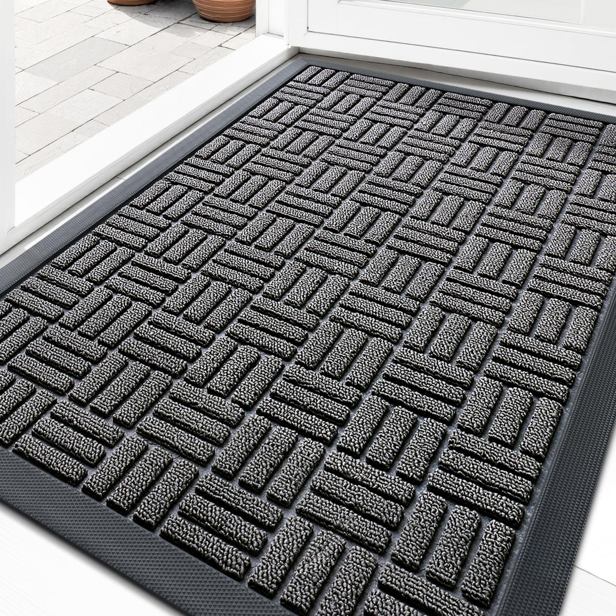 OLANLY Front Door Mat Outside Entrance 29.5x17, Absorbent, Heavy Duty Sturdy Natural Rubber Doormat Indoor Outdoor, Stain and Fade Resistant, Non-Slip Backing Low Profile Floor Mat for Entryway, Grey