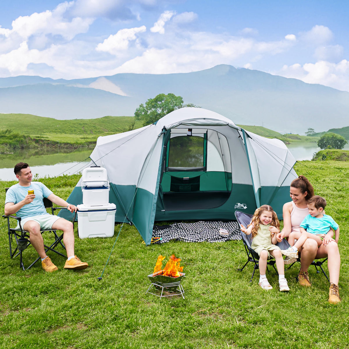8 Person Camping Tent with Porch, Large Family Tents for Camping, PU1000MM Waterproof Tent with 5 Mesh Windows, Removable Rainfly, Reflective Windproof Rope, Big Dome Tent Fits 3 Queen Airbeds