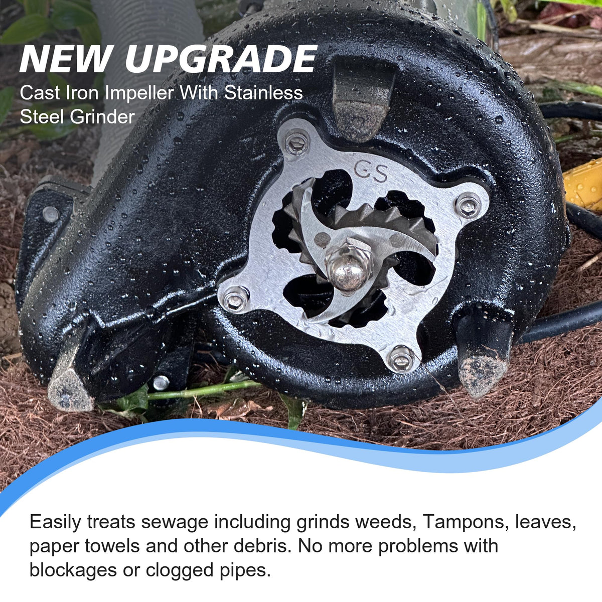 Sewage Effluent Grinder Pump, 1HP 110V 6400GPH, Stainless Steel Cast Iron with Automatic Float Switch, 2'' NPT Discharge for Basement, Sump Basin, Residential Sewage