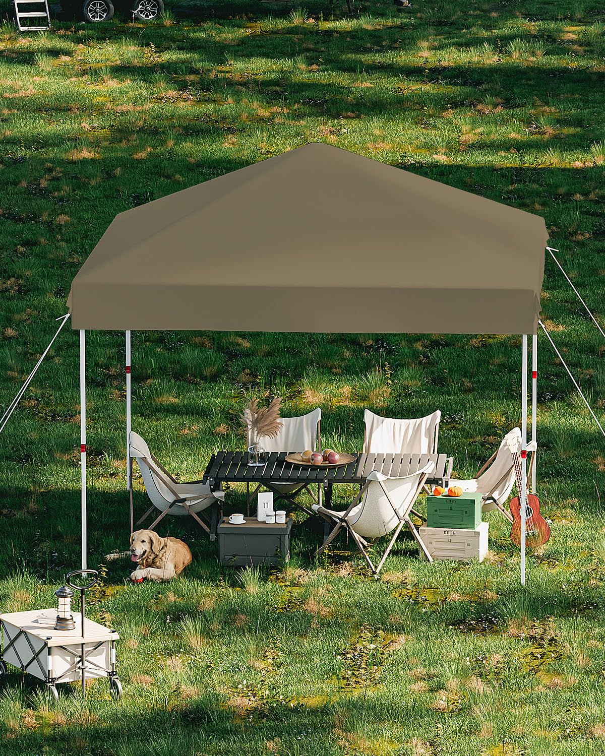 GarveeLife 10x10 Pop Up Canopy with One Button Push Setup - Heavy Duty Outdoor Canopy Tent with Portable Roller Bag - 3 Adjustable Height, 4 Weight Bags, 8 Stakes & 4 Guy Ropes Included, Khaki