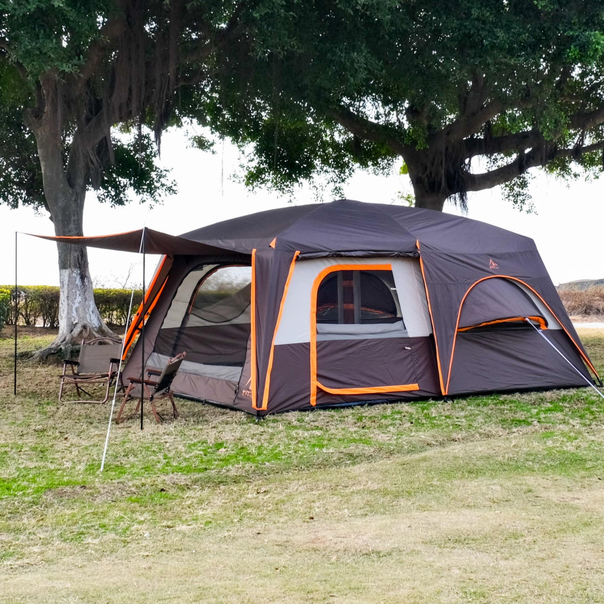 KTT Extra Large Tent 12 Person,Family Cabin Tents,Full Rainfly,2 Bay-Windows,2 Rooms and 3 Doors 3 Windows with Mesh,Waterproof,Straight Wall,Double Layer,Big Tent for Outdoor,Picnic,Camping(Brown)