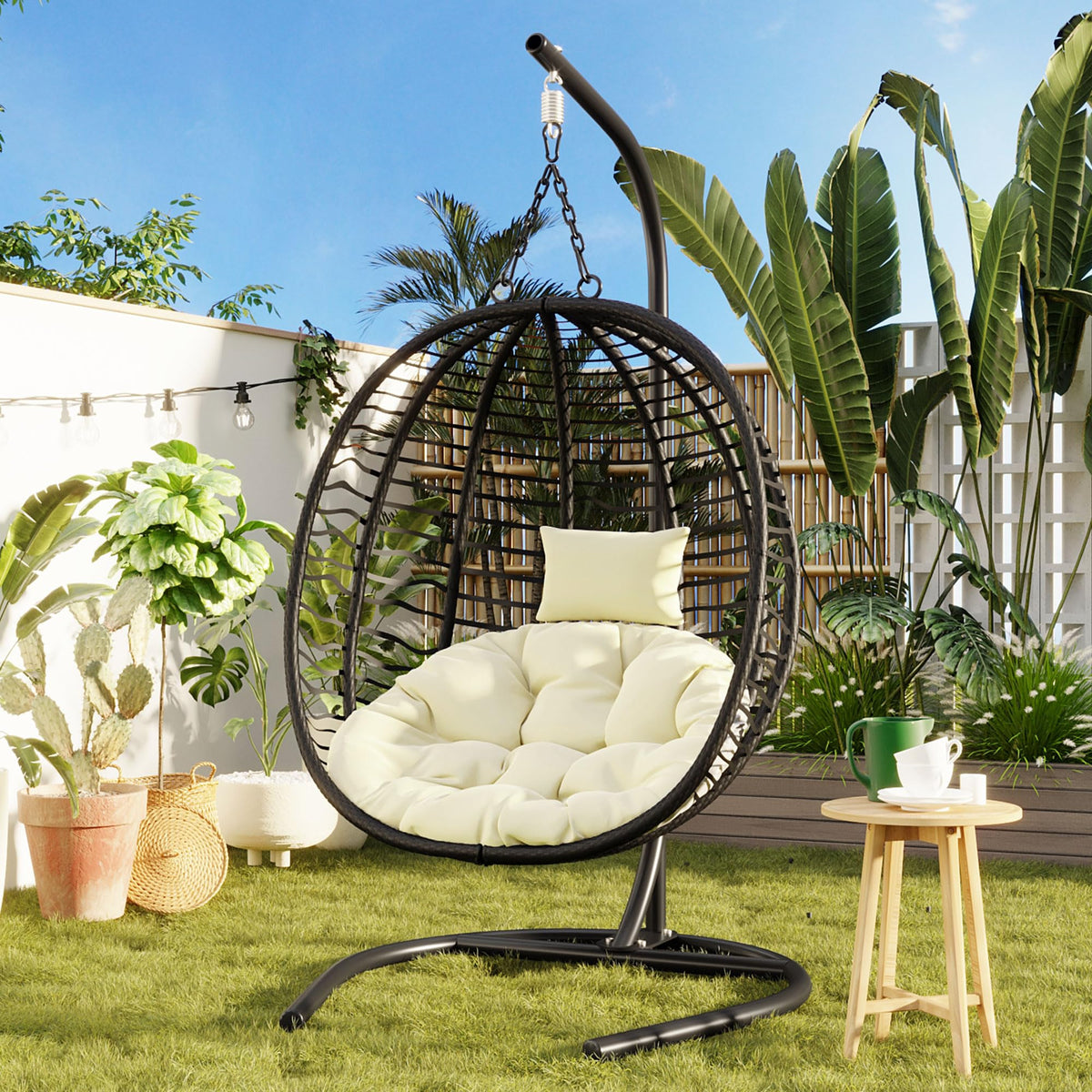 Merax Folding Hanging Egg Chair with Stand, Indoor Outdoor Wicker Hammock Swing Chair with Adjustable Anti-Slip Feet for Balcony, Bedroom, Garden