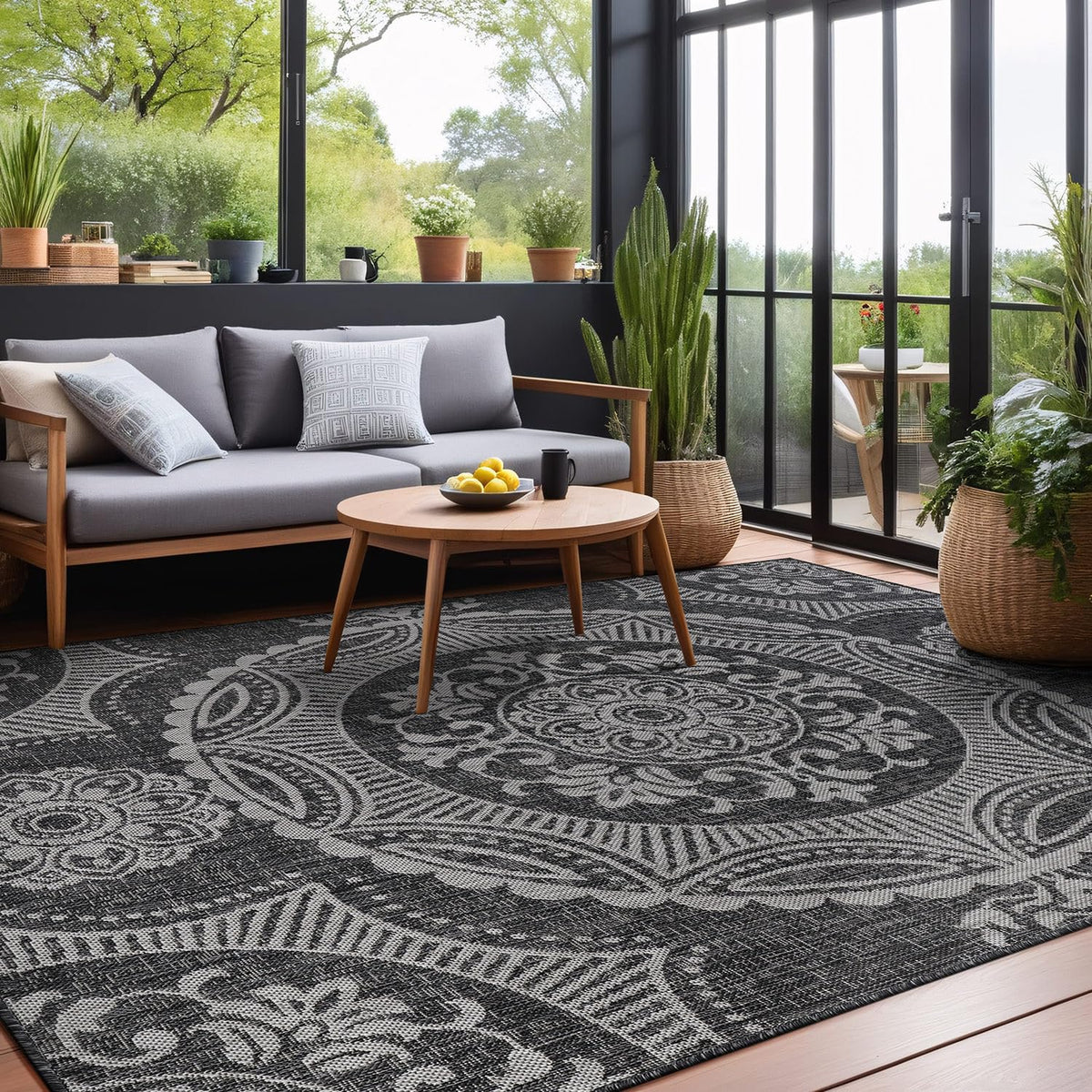 Luul Home Medallion Outdoor Rug 9x12 Washable Outside Carpet for Indoor Patio Porch Waterproof Easy Cleaning Non Shedding Area Rugs Dark Gray 9 x 12