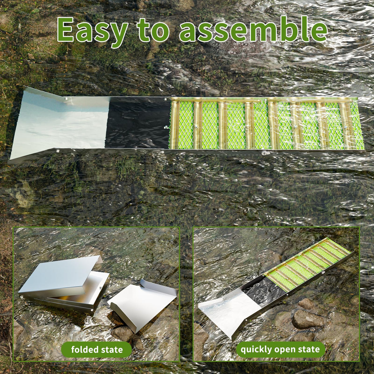 50 Inch Folding Aluminum Sluice Box Gold Panning Kit with Miner's Moss, Portable Lightweight Gold Prospecting Tool for River & Creek Dredging