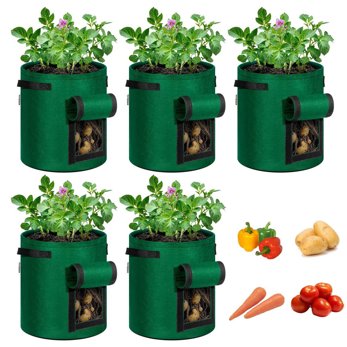 VIVOSUN 5-Pack 7 Gallon Potato Grow Bags for Growing Potatoes, Fabric Potato Pots with Handle and Roll-up Window, Potato Growing Containers Potato Planter Potato Planter for Growing Potatoes, Green