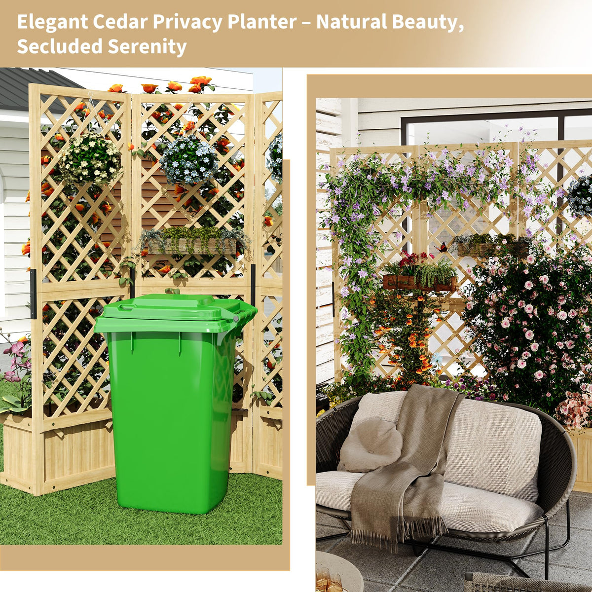 Cedar Privacy Screen with Planter Box - 3-Panel Freestanding Garden Fence, 62 in x10 in x65 in Tall Outdoor Divider with Drain Holes & Raised Bed for Patio, Deck & Backyard (Natural Wood)