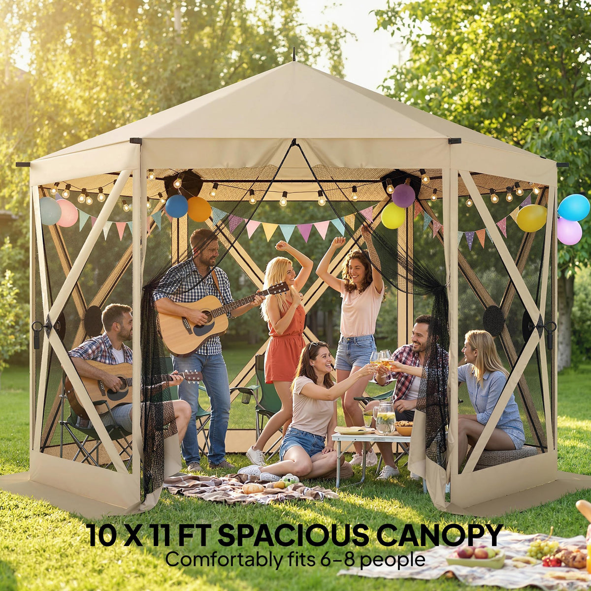 Outsunny 10 x 11 ft Pop Up Gazebo Screen Tent, Outdoor Portable Instant Camping Canopy Screen House Sun Shelter with Mesh Nettings, Carry Bag, Ground Stakes, Ropes for Patio, Backyard, Beige