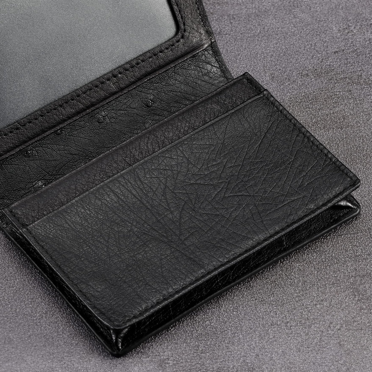 HISCOW Leather Business Card Case Holder for Men & Women, Italian Calfskin (Ostrich Black)