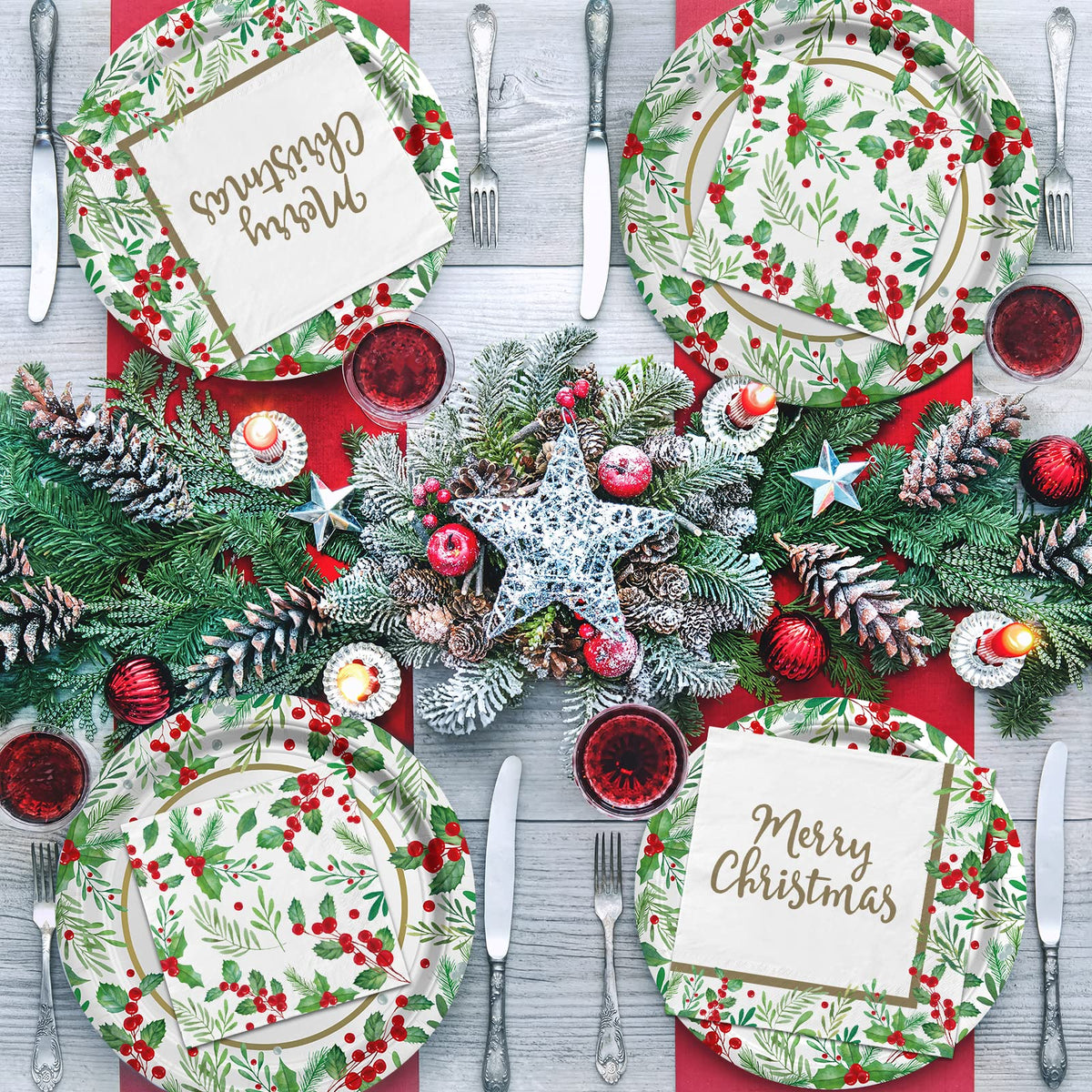 Christmas Party Supplies, Serve 50, Christmas Seasonal Holly Tableware Includes: Paper Dinner Plates, Dessert Plates, Luncheon Napkins and Beverage napkins, Great for Party Decorations