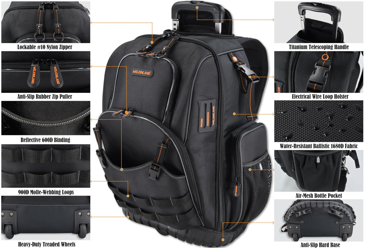WELKINLAND 72Pockets Rolling Tool backpack, Large tool bag with wheels, Rolling Electrician bag with wheels for men
