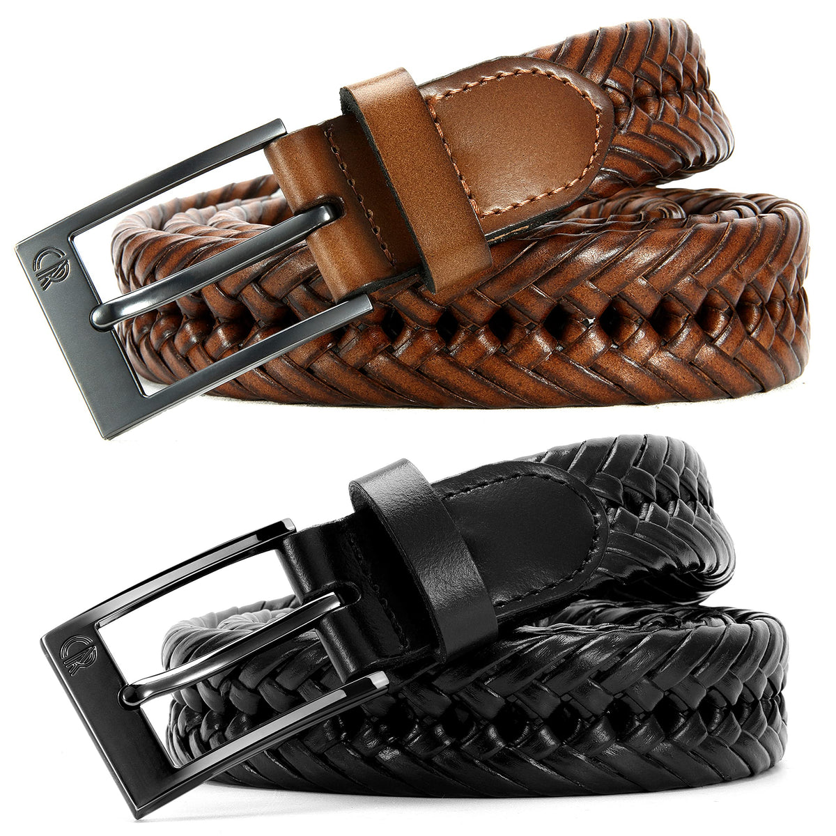 CHAOREN Leather Braided Belts for Men 2 Pack - 1 1/8" Leather Belts in Package Box - Versatile Style Solution