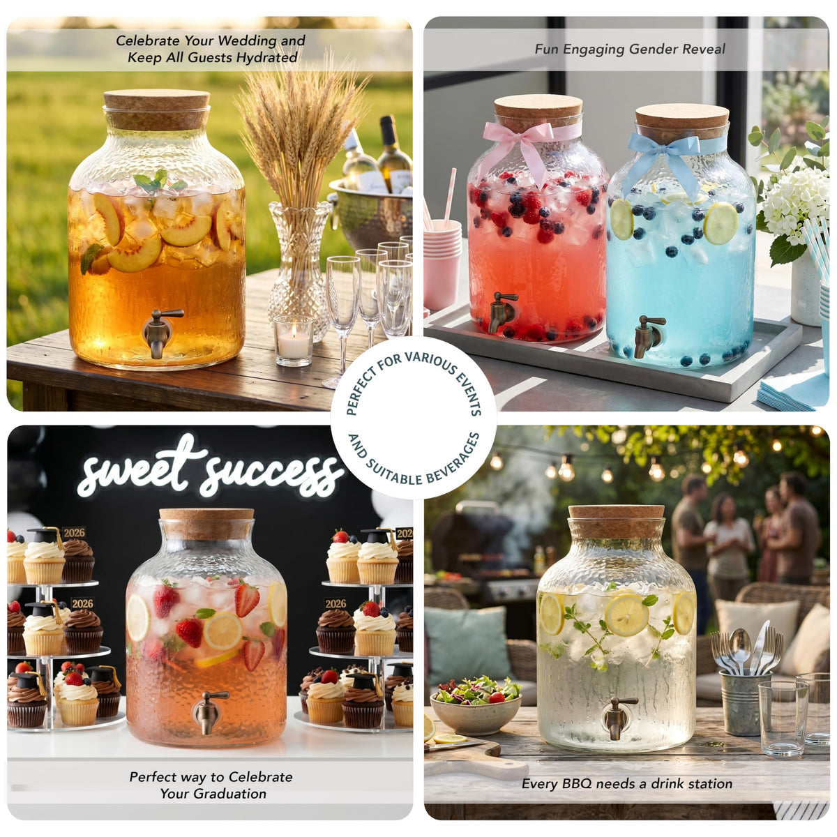 Style Setter Beverage Dispenser Cold Drink Dispenser w/ 2.7 Gallon Capacity Glass Jug, Cork Lid & Leak-Proof Acrylic Spigot, Great for Parties, Weddings & More