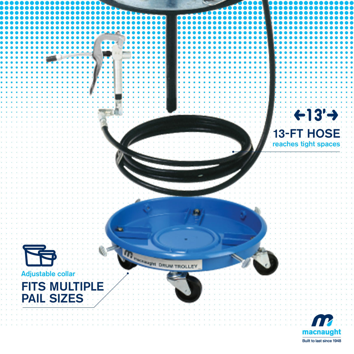 Macnaught Legendary P6TR 50:1 Air-Operated Greasing Pump for 120 lb. Drum. Includes Booster Gun, Hose and Trolley, Low Air Consumption (3CFM)