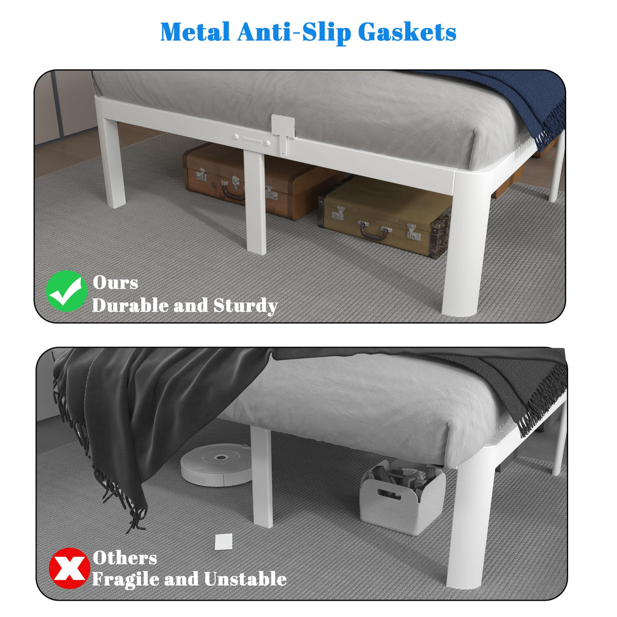 KOSOSO 10 Inch Full Size Bed Frame, White Bed Frame Full with Metal Gaskets, No Box Spring Needed, Rounded Corner Design, Heavy Duty Steel Platform Support,Reserved Holes, Noiseless, Storage Space