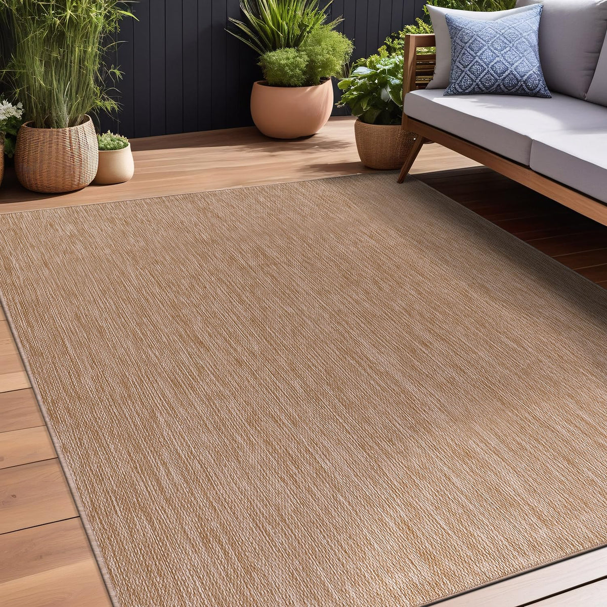 Beverly Rug Indoor Outdoor Rug 10x14, Washable Outside Carpet for Patio, Deck, Porch, Solid Modern Area Rug, Water Resistant, Jute Beige