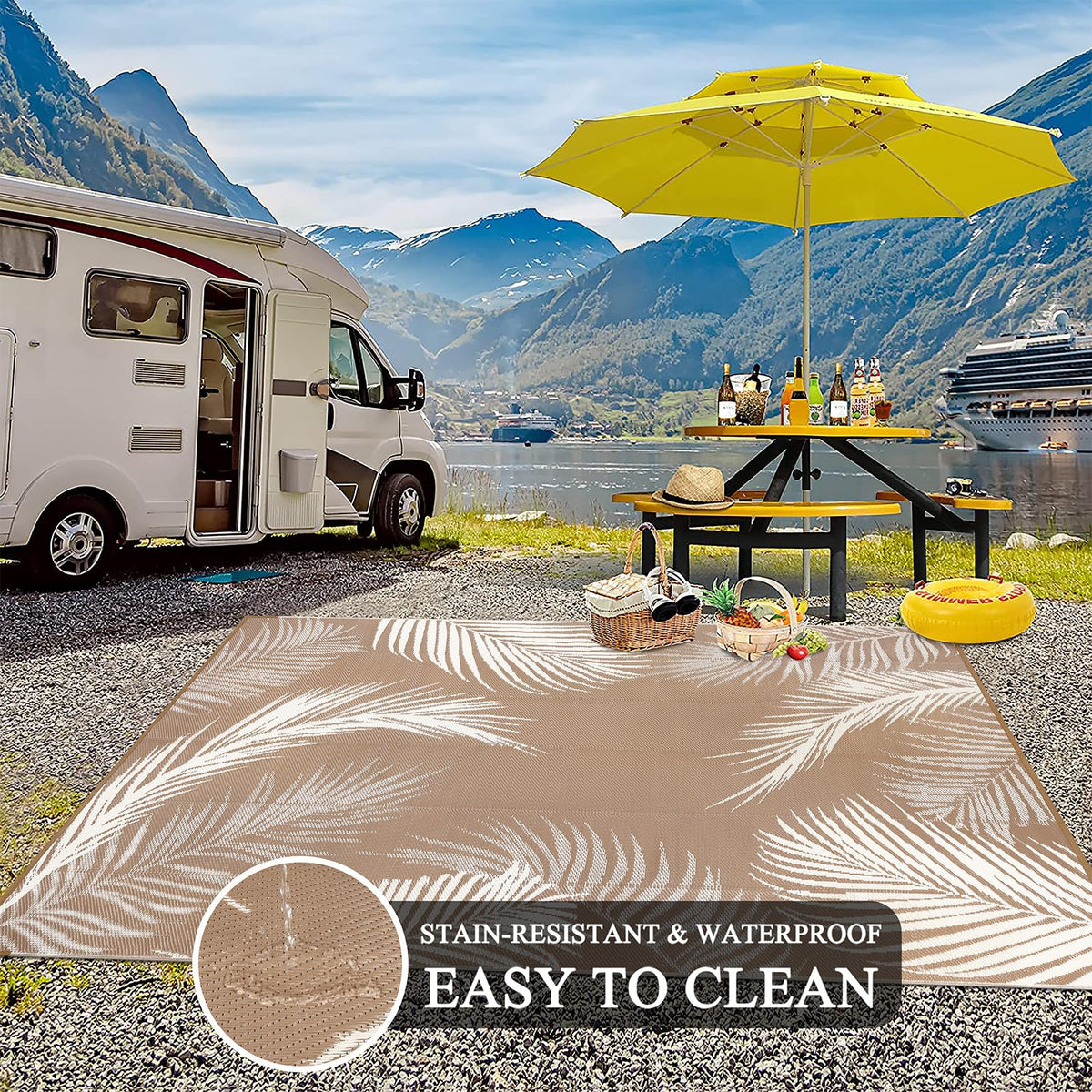 Pauwer Waterproof Outdoor Rug 10x14, Reversible Plastic Straw Patio Camping Rug, Indoor Outdoor RV Mat Carpet for Deck, Camper, Porch, Balcony, Backyard, Picnic, Leaf Brown