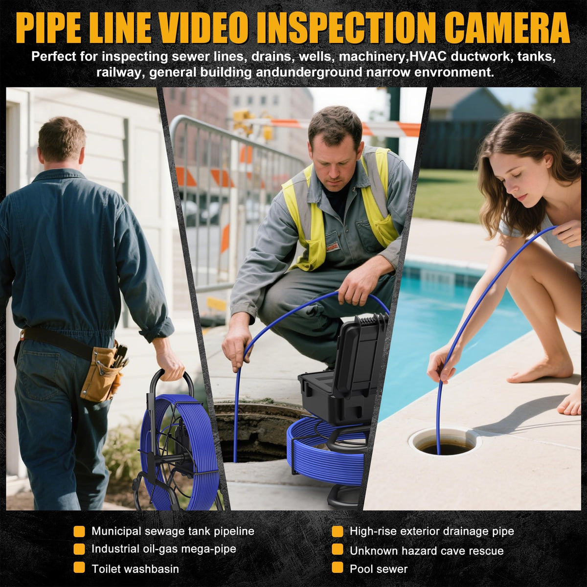 Sewer Camera 165FT, Self Leveling Drain Camera with Meter Counter, 7mm Thick Cable, 9" HD Screen 1080P Plumbing Cameras Snake with Light, 5100mAh Battery Duct Pipe Video Inspection Cam DVR 32GB