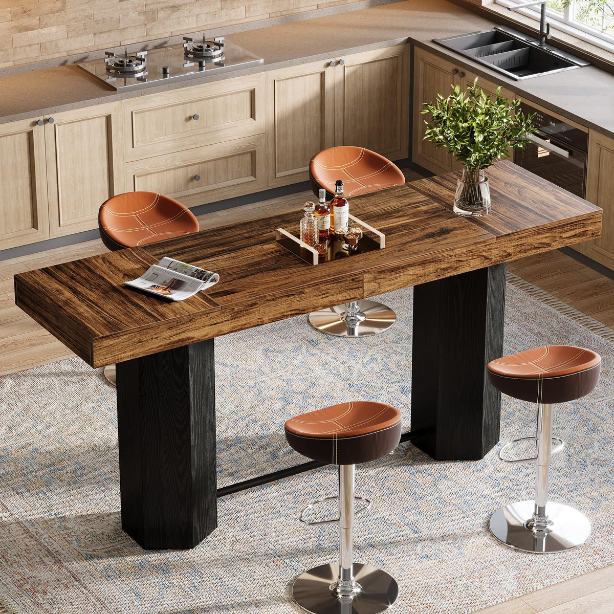 Tribesigns 70.9" Extra Long Bar Table, Industrial Counter Height Table, Rectangular Bar Height Tables with Metal Footrest for Kitchen Dining Room, Living Room, Pub (Rustic Brown & Black)