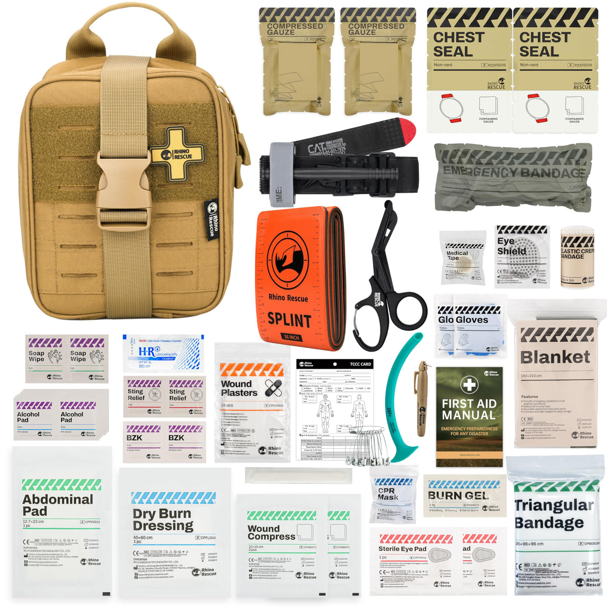 RHINO RESCUE 6" Israeli Style Emergency Bandage + IFAK Trauma Kit with C-A-T Tourniquet for Wound Care (PRO, Coyote)