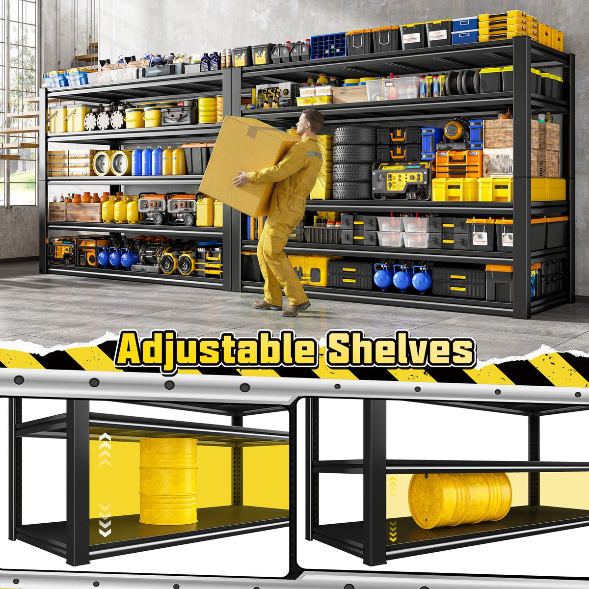 REIBII 48.2" W Garage Shelving, Metal Shelving 3000LBS, Storage Shelves Adjustable Metal Shelf, Industrial 5 Tier Shelves for Basement Pantry Warehouse Supermarket, 72.2" H x 24.2" D x 48.2" W